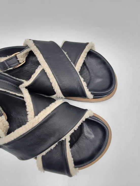 ALOHAS Women’s Marshmallow Black Leather Sandals with Shearling size 37 US 6.5 - Picture 6 of 7